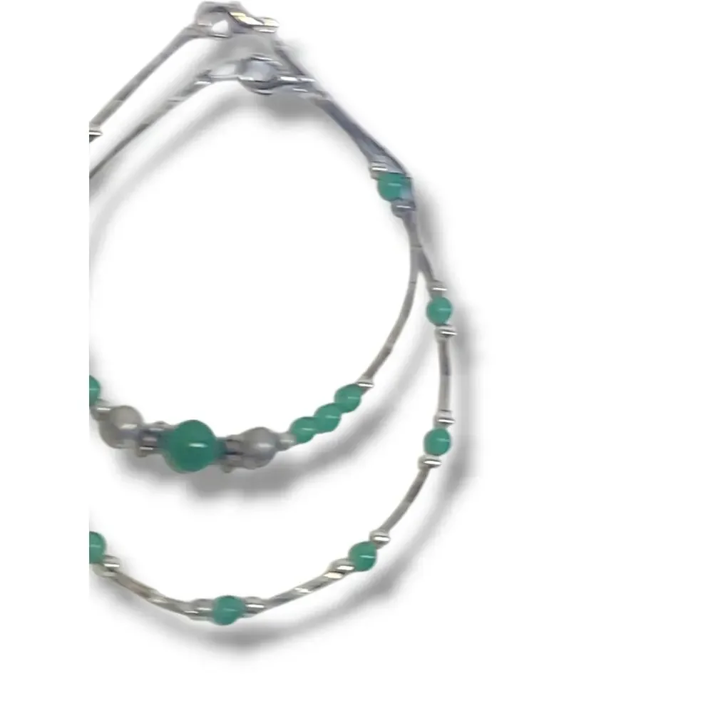 Vintage Silver Tone Green Glass Faux‎ Jade Bead Bracelet & Anklet Set 7.5